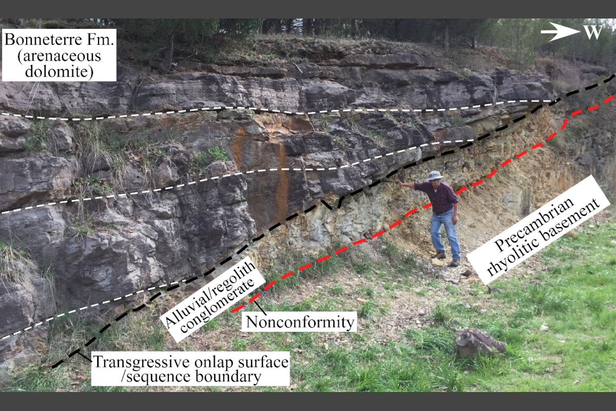 Stratigraphic surfaces and units of crystalline basement and Cambrian sedimentary cover along roadcut of HWY 72, Oak Grove, Missouri